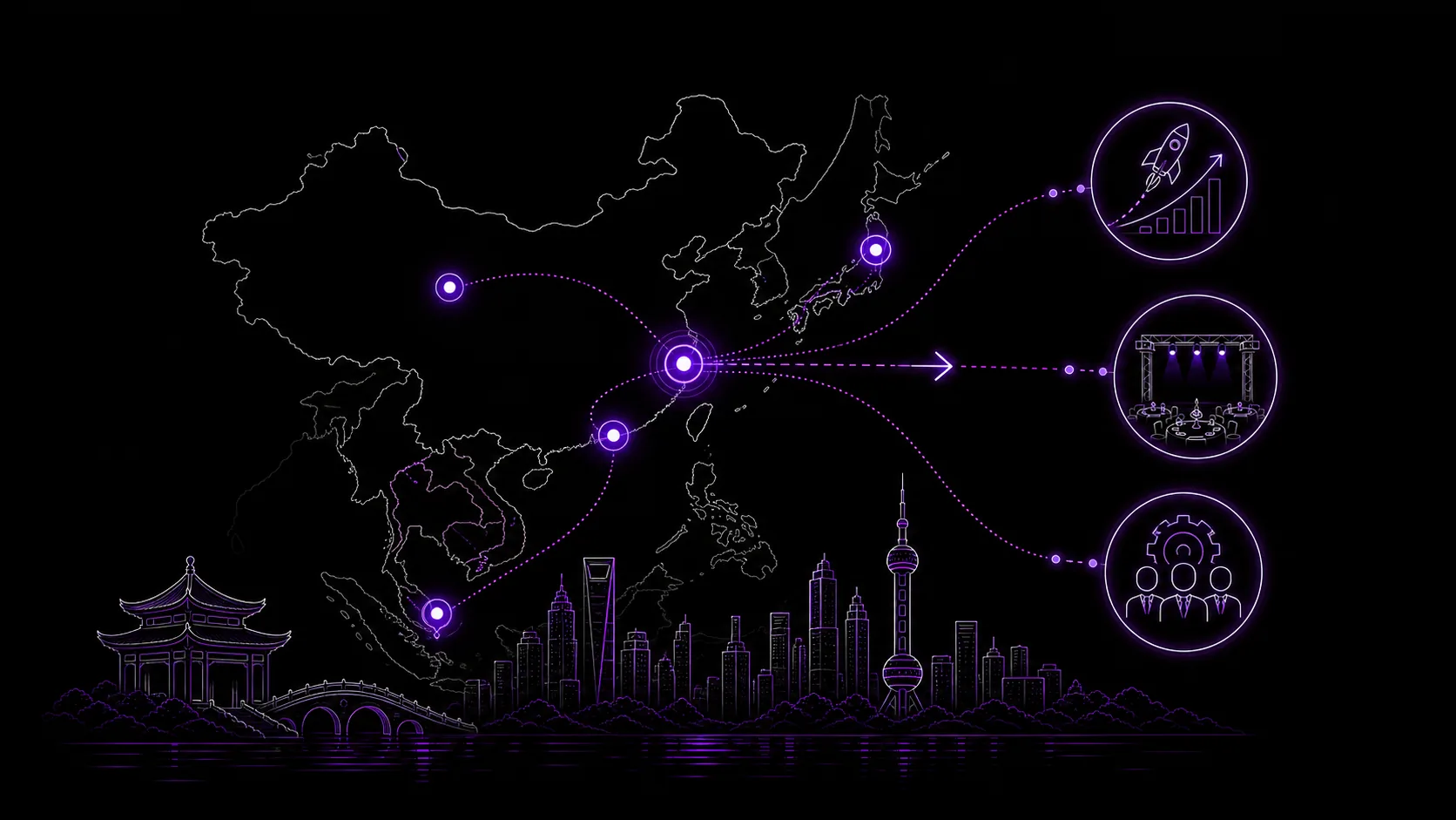 Connected routes across Asian markets leading to launch, events and local business support